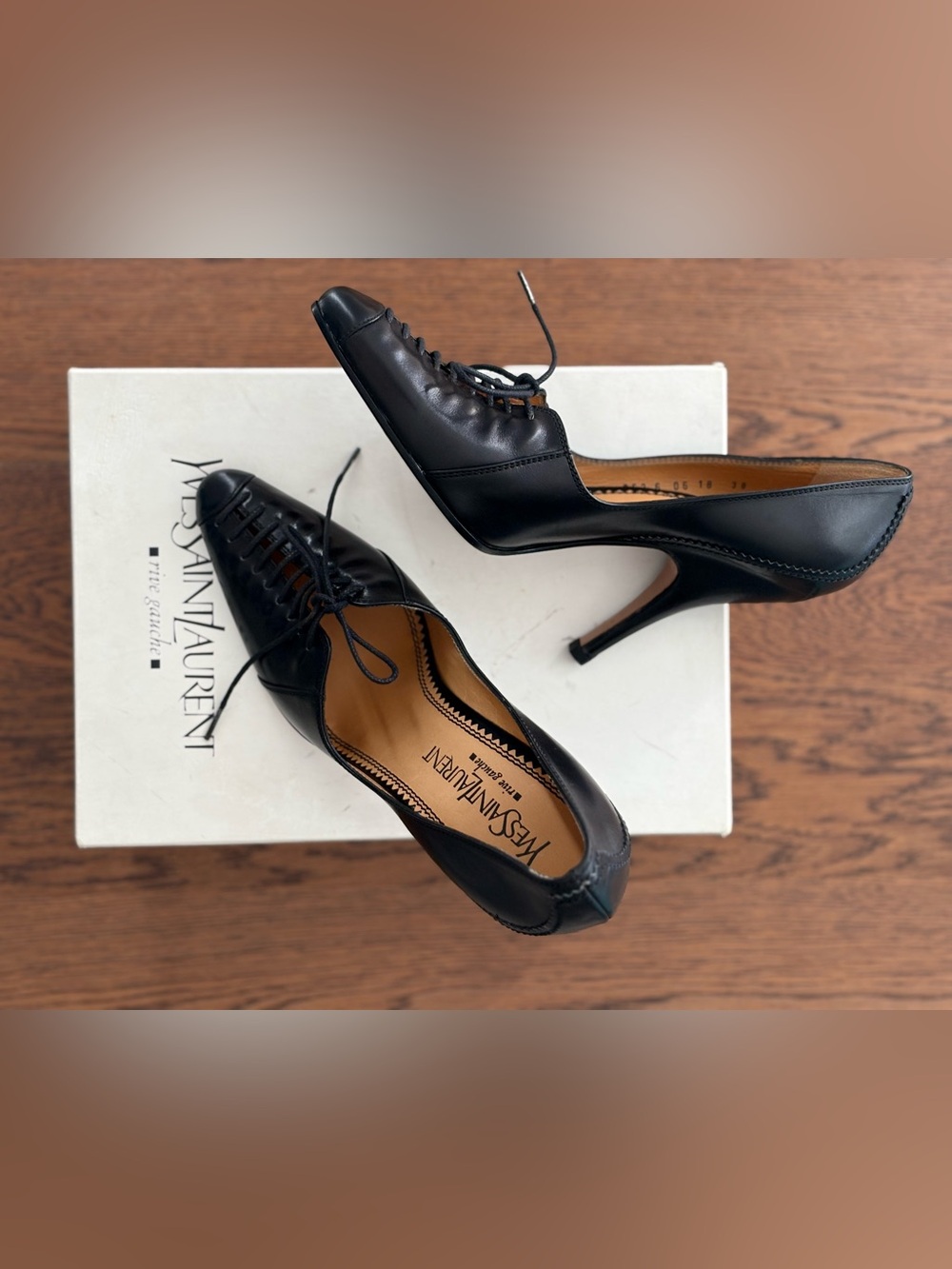 Archival Vintage YSL Rive Gauche Decollete Norton Black Lace Up Pumps, IT 38 - Picture 2 of 16